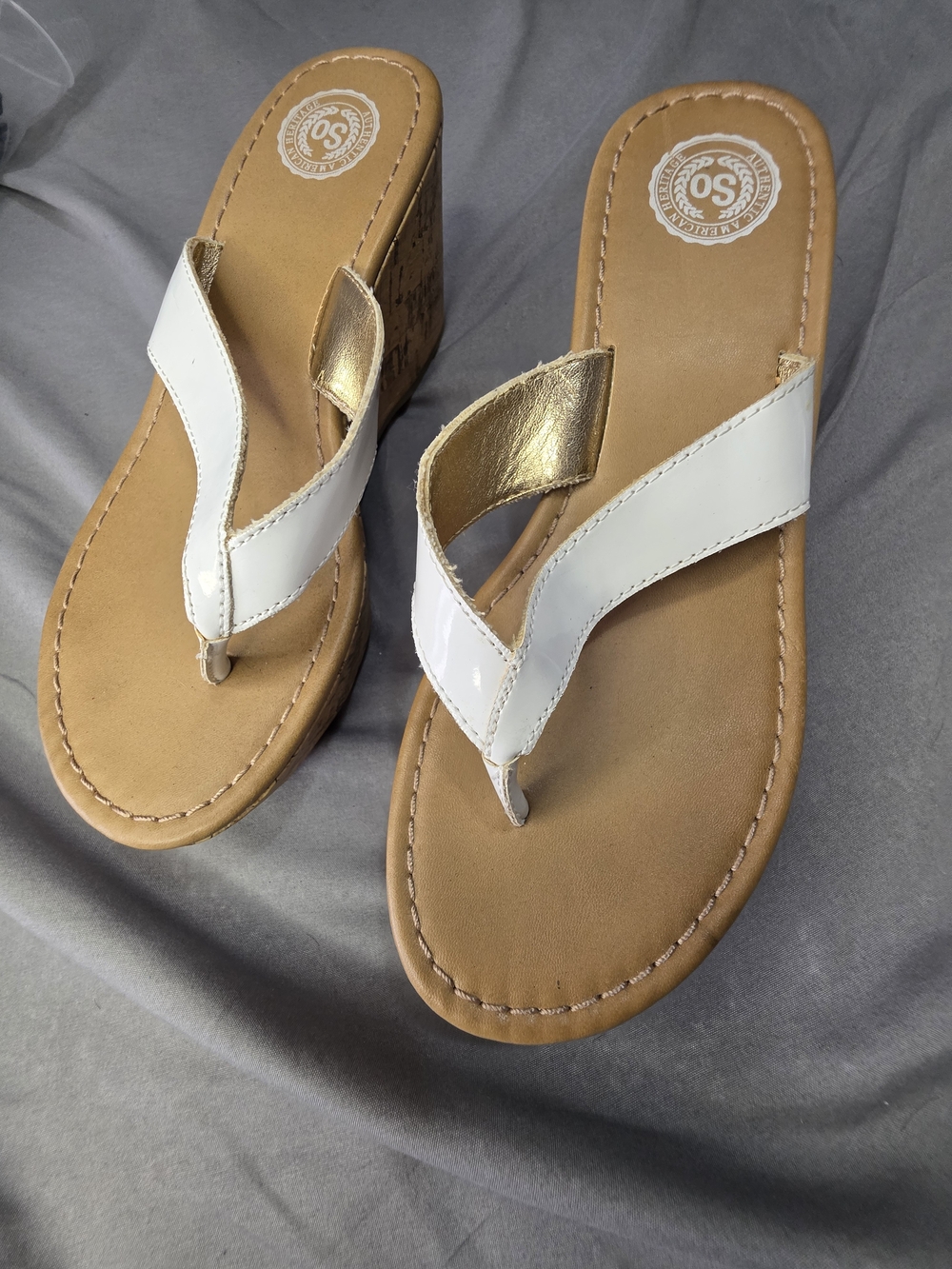 SO White Gold Cork Wedge Sandals Size 6 Thong Flip Flops